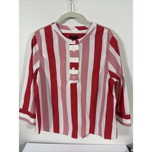 J. Crew Red White Striped 1/4 Button Neck Cotton Poplin 3/4 Sleeve Large E2